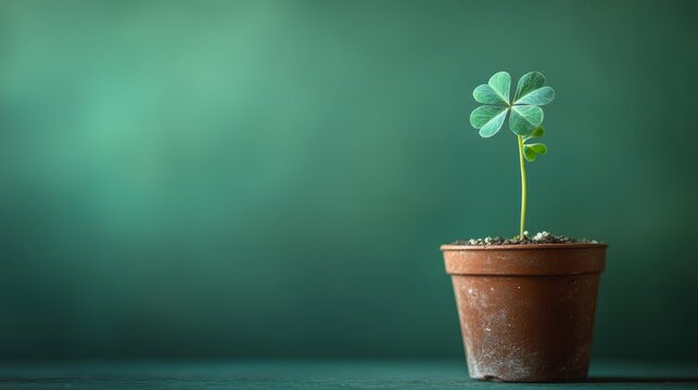 Four leaf clover growing in a terra cotta pot with a green backdrop. A symbol of good luck, great for St. Patrick's Day, or fresh starts.
