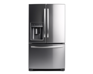 a silver refrigerator with a water dispenser