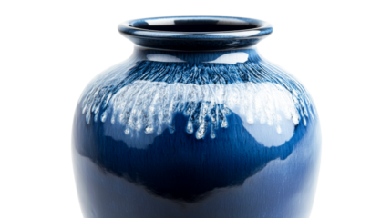 Elegant blue ceramic vase with white drip glaze effect, cut out transparent