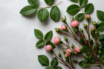 Pink Roses and Lush Green Leaves: A Delicate Floral Arrangement
