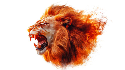 Fierce roaring lion with burning mane, side view, cut out transparent
