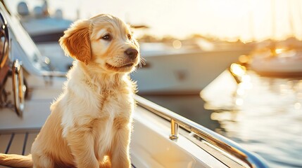 Golden retriever puppy luxury yacht deck playful mood bright sunny background hyper detailed photo