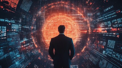 A time-lapse effect of a businessman strategizing over a futuristic financial plan