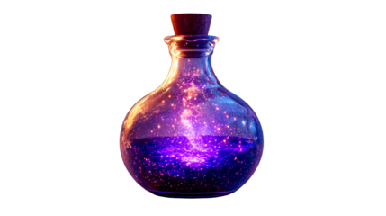 Filled potion bottle with colorful cosmic nebula, cut out transparent