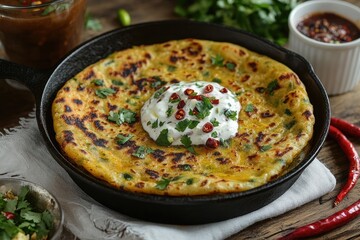 Indian Aloo Paratha in Cast Iron Pan Topped with Yogurt, Herbs and Chilies