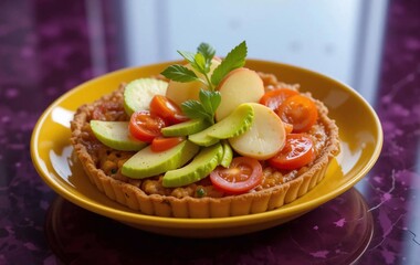 Egg tart background image topped with various vegetables, avocado, tomato, meal, bread, cooking, food, banner texture advertising poster