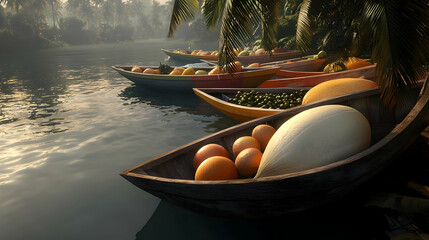 Obraz premium Tropical River Market Scene With Colorful Fruit Display