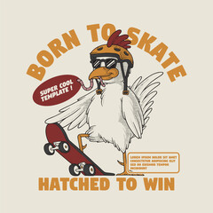 retro cartoon emblem of cool chicken skateboarder