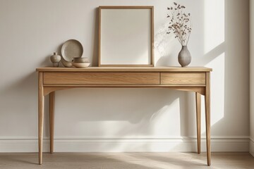 Modern Wooden Console Table With Empty Frame And Decorative Items