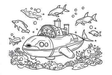 Children Submarine Ocean Dolphins Coloring Page