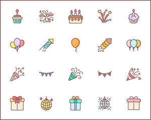 Birthday And party Icon Set. Vector collection of celebration, event, cake, Firecracker, invitation, letter, gift, festival, mirror ball and elements symbols or logo element.