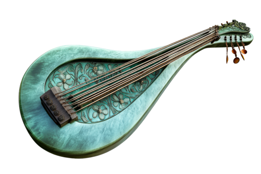 Ornate blue stringed instrument with floral design, cut out transparent