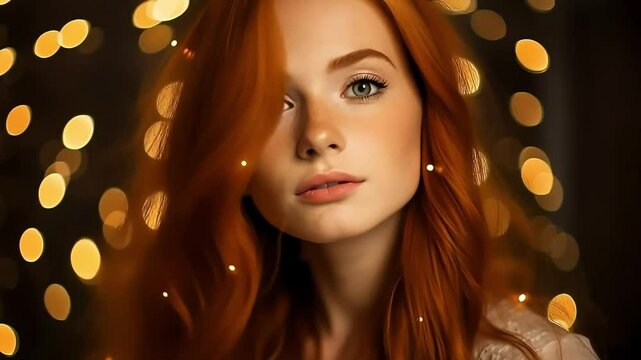 Beautiful redhead model posing with bokeh lights