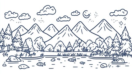 A stylized landscape featuring mountains, trees, a lake with fish, clouds, and a moon