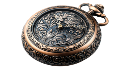 Ornate metallic pocket watch with floral pattern engraving, cut out transparent