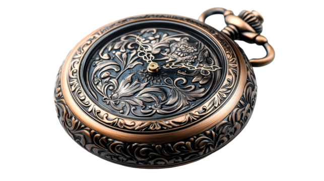 Ornate metallic pocket watch with floral pattern engraving, cut out transparent