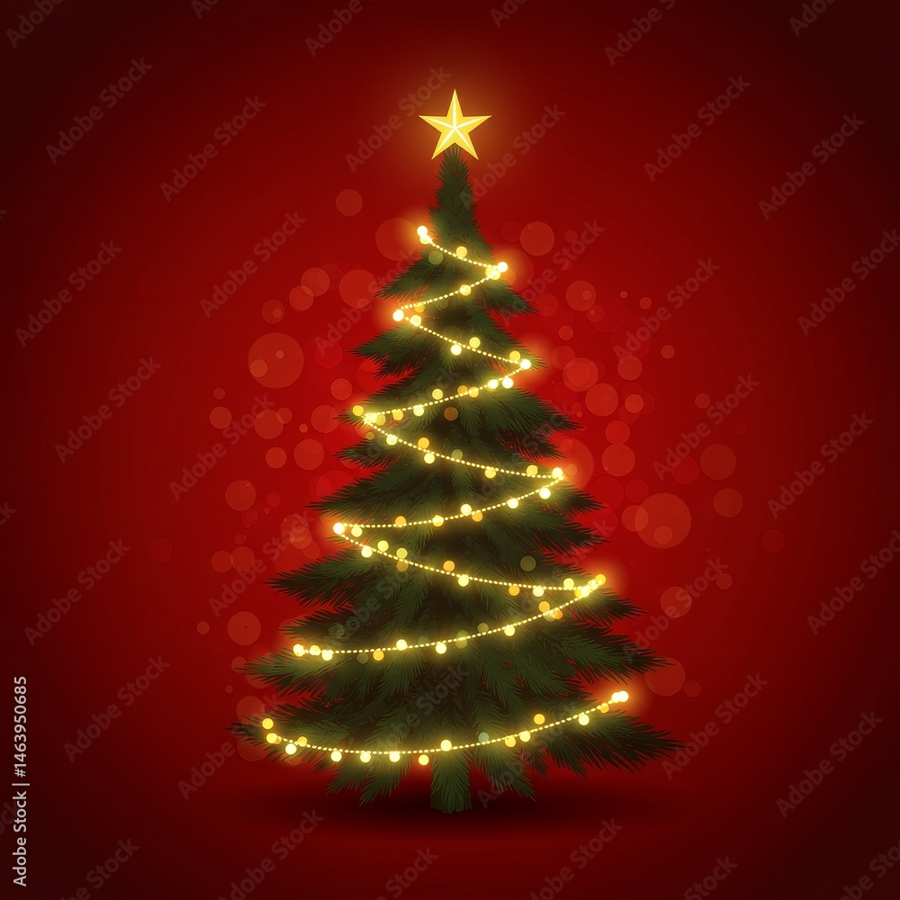 Poster illuminated christmas tree on red background with bokeh lights