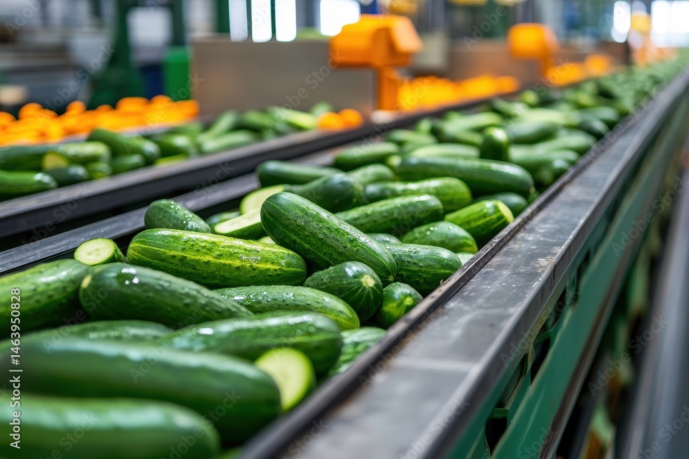 Poster fresh green cucumbers move along a conveyor belt in food processing. use this image for topics relat
