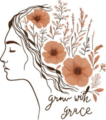 Woman face with colorful floral hair  luxury botanical  line art illustration. Generative AI.