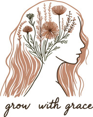 Woman face with colorful floral hair  luxury botanical  line art illustration. Generative AI.