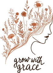 Woman face with colorful floral hair  luxury botanical  line art illustration. Generative AI.