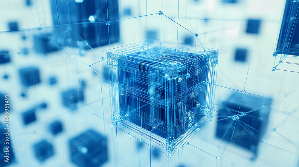 Poster abstract cloud computing technology with blue wireframe graphics and nodes on a white background. co