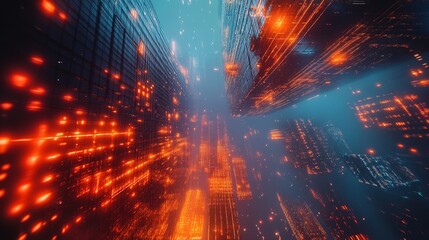 A skyscraper transforming dynamically as digital blocks rearrange in real-time 