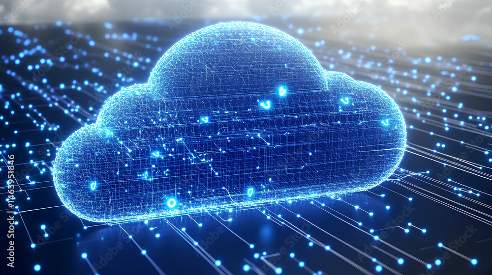 Poster abstract cloud computing technology with blue wireframe graphics and nodes on a white background. co