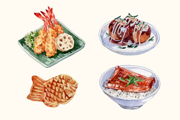 Watercolor Japanese food elements collection
