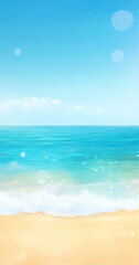 A soft-focus shot of a sandy beach with a blurred view of the ocean and clear blue sky, evoking a relaxed, tranquil beach vacation vibe.
