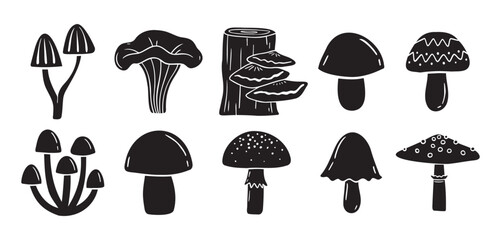 mushrooms silhouette monochrome with patterns illustration set. Trendy mushroom creative fabulous mystic folklore collection