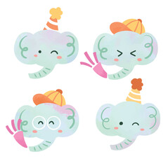 Elephant various expression with birthday hat Clip art for birthday card invitation project