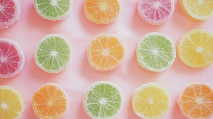 Fototapeta premium Sugary Citrus Fruit Slices on Pink Background