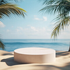 A minimalist circular pedestal set on a sandy beach, framed by palm trees, with a tranquil ocean and blue sky in the background, creating a serene tropical scene.
