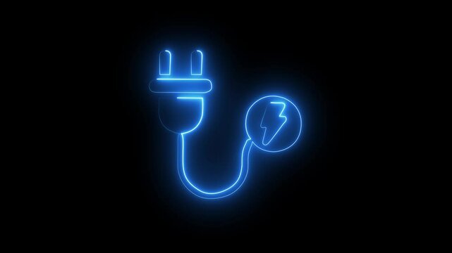 Glowing neon power icon animation in black background. Electric car and electrical cable plug charging icon. Electricity icon vector image. Can also be used for web apps, mobile apps and print media.