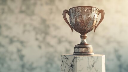 A vintage trophy cup sits on a marble pedestal, symbolizing achievement and victory against a blurred background.
