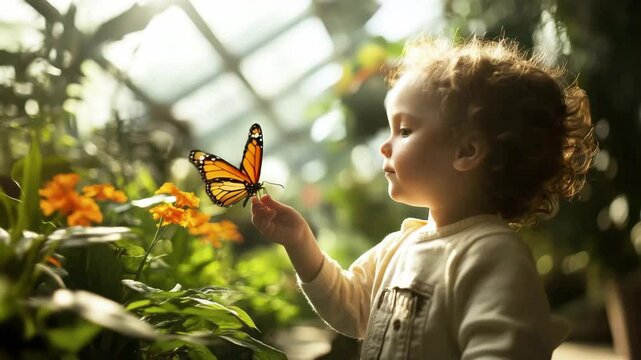 Curious child gently holds vibrant orange butterfly in sunlit greenhouse filled with green plants and bright flowers, capturing innocence, nature, and wonder of sunlight and curiosity.