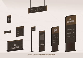 Wayfinding system 3D signage mockup set Direction signs Exterior and interior way finding design