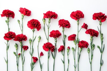 Red carnations with green stems are arranged on a white background. Perfect for love, anniversaries, or Valentine's Day marketing.