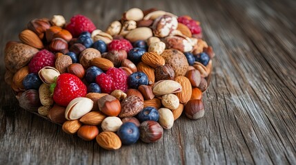 Healthy nuts and fruits in heart shape with cholesterol chart background, symbolizing heart-healthy eating for better wellness.