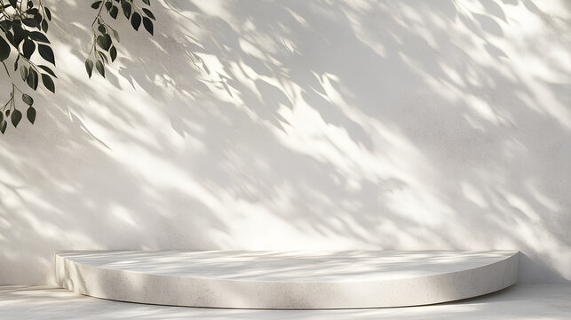 Blank cream white cement curve counter podium with texture, soft beautiful dappled sunlight, leaf shadow on white wall for luxury organic cosmetic, skincare, beauty treatment product background