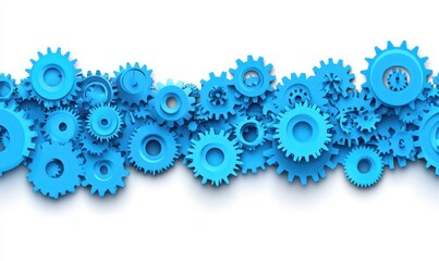 Blue gears interlocked on white background.  Many interconnected gears form a horizontal line