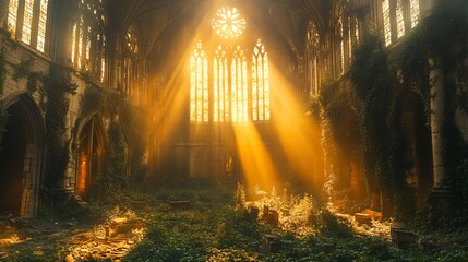 Obraz premium Gothic church ruin adaptive window tint and vinecovered stone captured in dynamic wide shot at noon