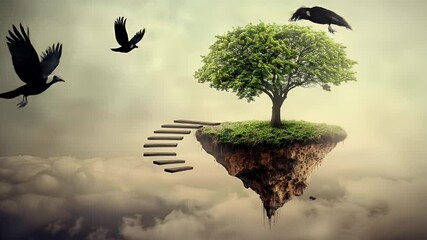 Floating Island with Tree and Birds in Dreamlike Cloudscape
