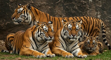 Obraz premium Majestic Tiger Family Mother Two Cubs and Adolescent in a Wildlife Habitat