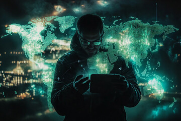 Global network hacker using tablet digital world map