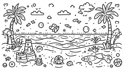 Beach scene with palm trees, ocean, and various marine life, all outlined