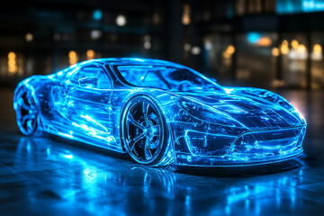 Fototapeta premium Futuristic Blue Sports Car Digital Design Night Cityscape