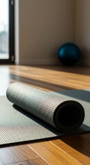 Indoor Photo Yoga Mat Rolled on Wooden Floor Exercise Ball Nearby
