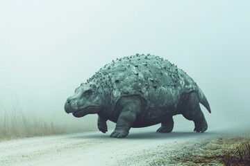 Massive prehistoric armored mammal walking through foggy natural landscape with detailed textured skin and large curved tail on a misty day